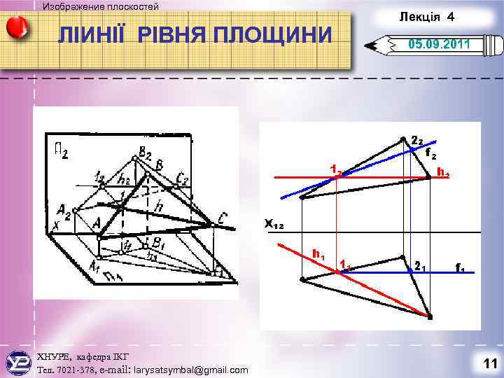 Изображение плоскостей ЛІИНІЇ РІВНЯ ПЛОЩИНИ ХНУРЕ, кафедра ІКГ Тел. 7021 -378, e-mail: larysatsymbal@gmail. com