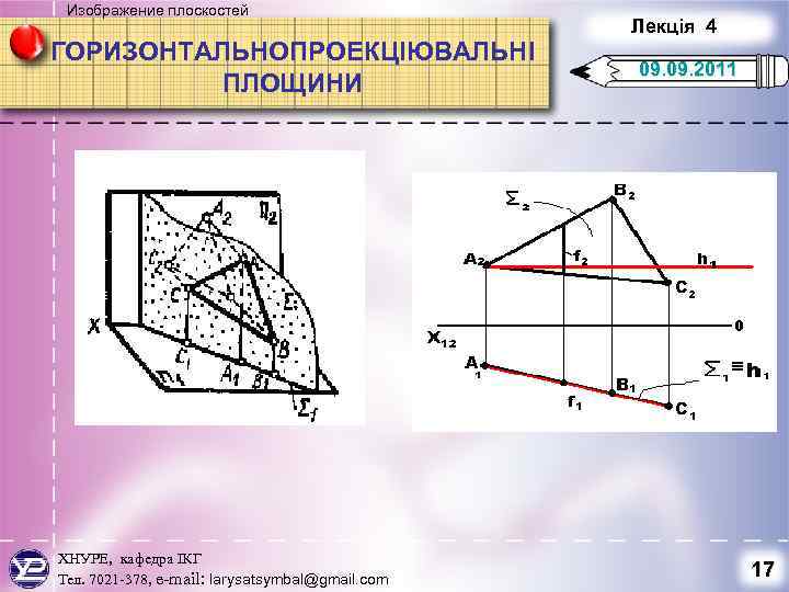 Изображение плоскостей ГОРИЗОНТАЛЬНОПРОЕКЦІЮВАЛЬНІ ПЛОЩИНИ ХНУРЕ, кафедра ІКГ Тел. 7021 -378, e-mail: larysatsymbal@gmail. com Лекція