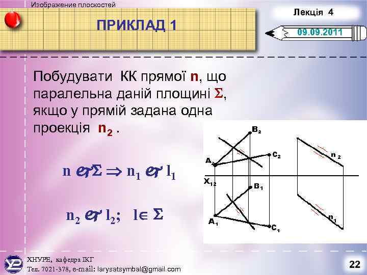 Изображение плоскостей ПРИКЛАД 1 Лекція 4 09. 2011 Побудувати КК прямої n, що паралельна