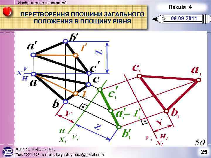 Изображение плоскостей ПЕРЕТВОРЕННЯ ПЛОЩИНИ ЗАГАЛЬНОГО ПОЛОЖЕННЯ В ПЛОЩИНУ РІВНЯ ХНУРЕ, кафедра ІКГ, Тел. 7021