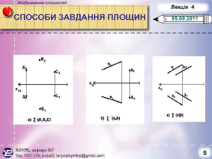 Изображение плоскостей СПОСОБИ ЗАВДАННЯ ПЛОЩИН ХНУРЕ, кафедра ІКГ Тел. 7021 -378, e-mail: larysatsymbal@gmail. com