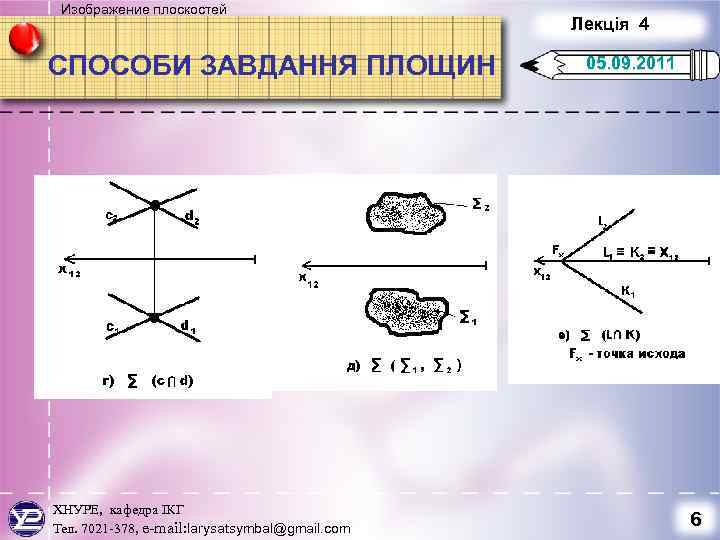Изображение плоскостей СПОСОБИ ЗАВДАННЯ ПЛОЩИН ХНУРЕ, кафедра ІКГ Тел. 7021 -378, e-mail: larysatsymbal@gmail. com