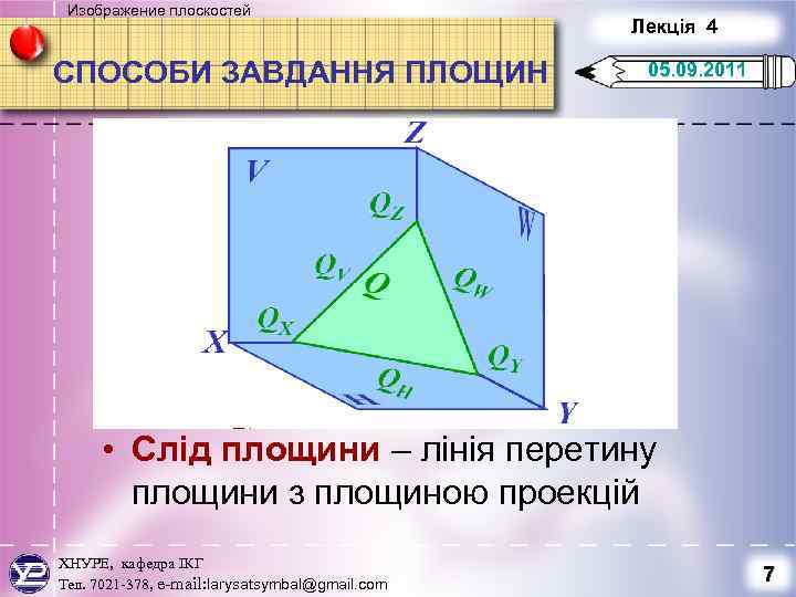 Изображение плоскостей Лекція 4 СПОСОБИ ЗАВДАННЯ ПЛОЩИН 05. 09. 2011 • Слід площини –