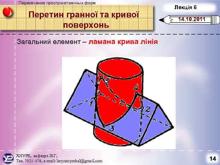 Пересечение пространственных форм Перетин гранної та кривої поверхонь Лекція 6 14. 10. 2011 Загальний