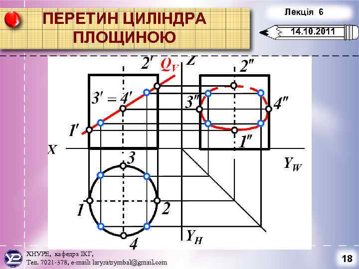 ПЕРЕТИН ЦИЛІНДРА ПЛОЩИНОЮ ХНУРЕ, кафедра ІКГ, Тел. 7021 -378, e-mail: larysatsymbal@gmail. com Лекція 6