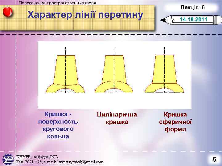Пересечение пространственных форм Характер лінії перетину Кришка поверхность кругового кольца Циліндрична кришка ХНУРЕ, кафедра