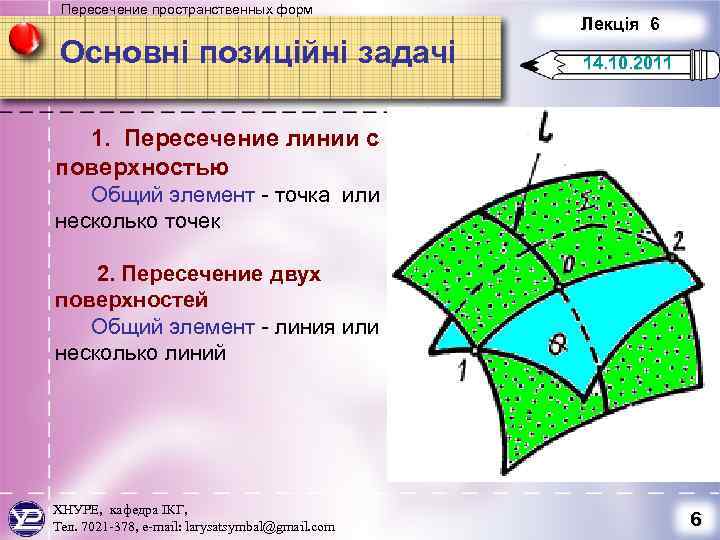 Пересечение пространственных форм Основні позиційні задачі Лекція 6 14. 10. 2011 1. Пересечение линии