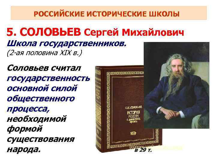 РОССИЙСКИЕ ИСТОРИЧЕСКИЕ ШКОЛЫ 5. СОЛОВЬЕВ Сергей Михайлович Школа государственников. (2 -ая половина XIX в.