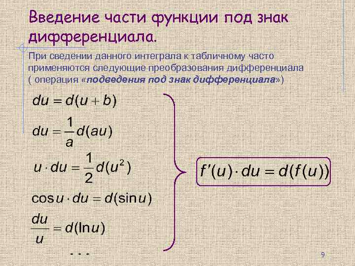 Введение части функции под знак дифференциала. При сведении данного интеграла к табличному часто применяются