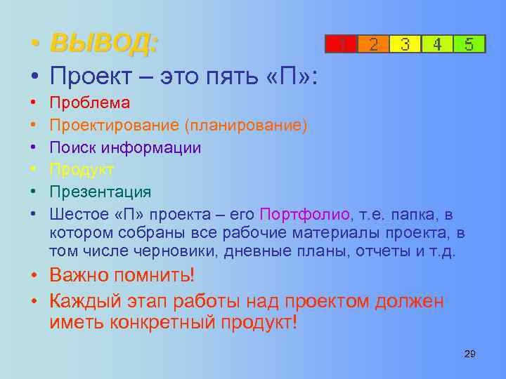  • ВЫВОД: • Проект – это пять «П» : • • • Проблема