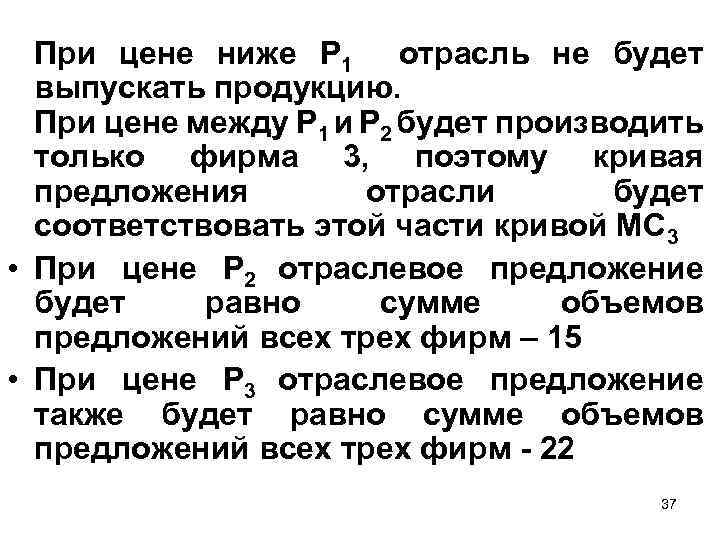  • При цене ниже P 1 отрасль не будет выпускать продукцию. • При