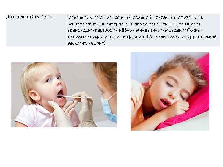 Дошкольный (3 -7 лет) Максимальная активность щитовидной железы, гипофиза (СТГ). Физиологическая гиперплазия лимфоидной ткани