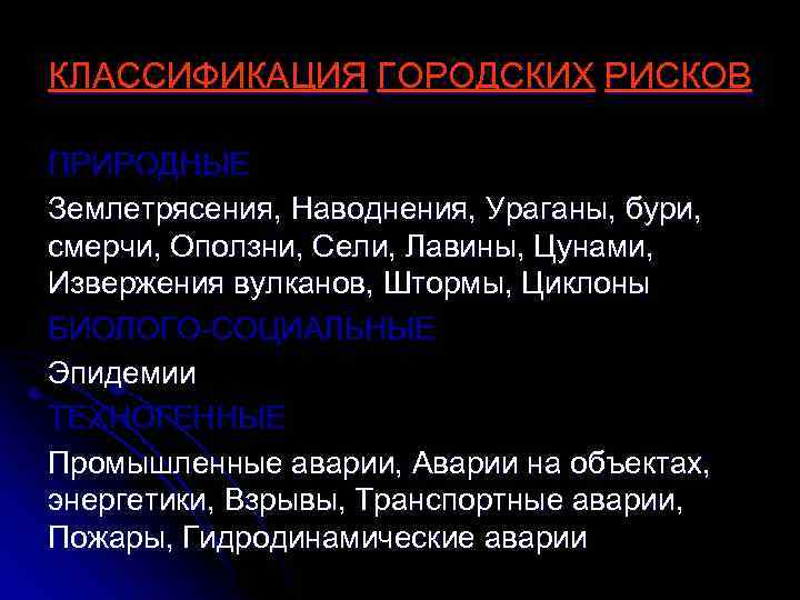 КЛАССИФИКАЦИЯ ГОРОДСКИХ РИСКОВ ПРИРОДНЫЕ Землетрясения, Наводнения, Ураганы, бури, смерчи, Оползни, Сели, Лавины, Цунами, Извержения