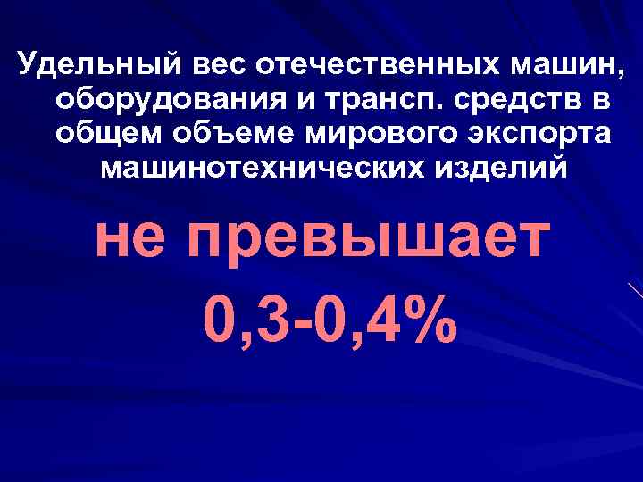 Удельный вес отечественных машин, оборудования и трансп. средств в общем объеме мирового экспорта машинотехнических