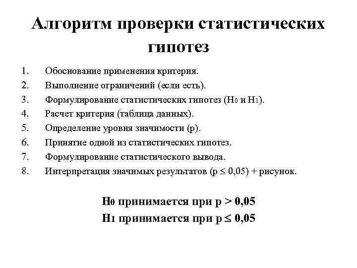 Алгоритм проверки статистических гипотез 1. 2. 3. 4. 5. 6. 7. 8. Обоснование применения