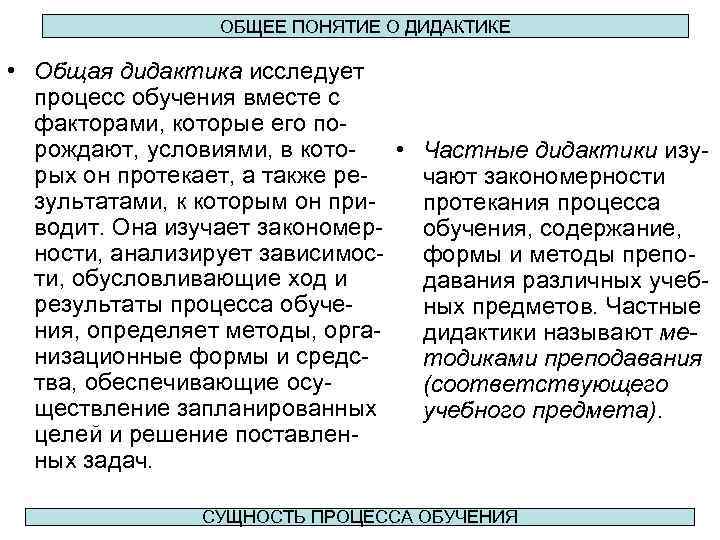 ОБЩЕЕ ПОНЯТИЕ О ДИДАКТИКЕ • Общая дидактика исследует процесс обучения вместе с факторами, которые