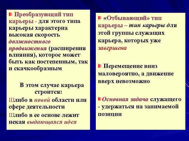 Преобразующий тип карьеры - для этого типа карьеры характерна высокая скорость должностного продвижения (расширения