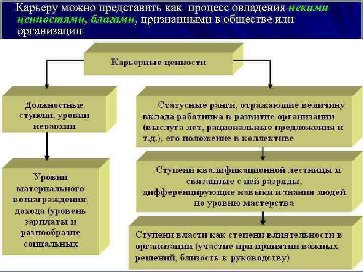 Карьеру можно представить как процесс овладения некими ценностями, благами, признанными в обществе или организации