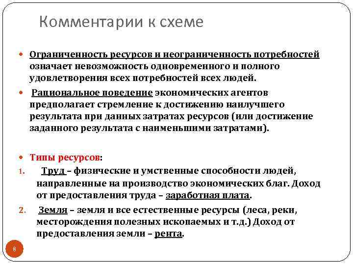 Комментарии к схеме Ограниченность ресурсов и неограниченность потребностей означает невозможность одновременного и полного удовлетворения