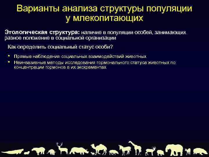 Варианты анализа структуры популяции у млекопитающих Этологическая структура: наличие в популяции особей, занимающих разное