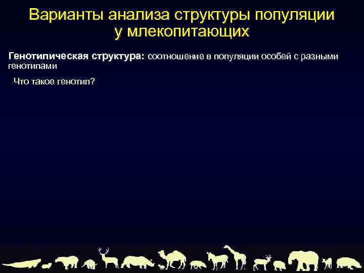 Варианты анализа структуры популяции у млекопитающих Генотипическая структура: соотношение в популяции особей с разными