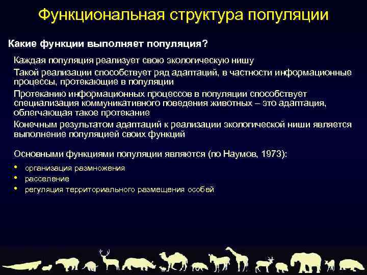 Функциональная структура популяции Какие функции выполняет популяция? Каждая популяция реализует свою экологическую нишу Такой