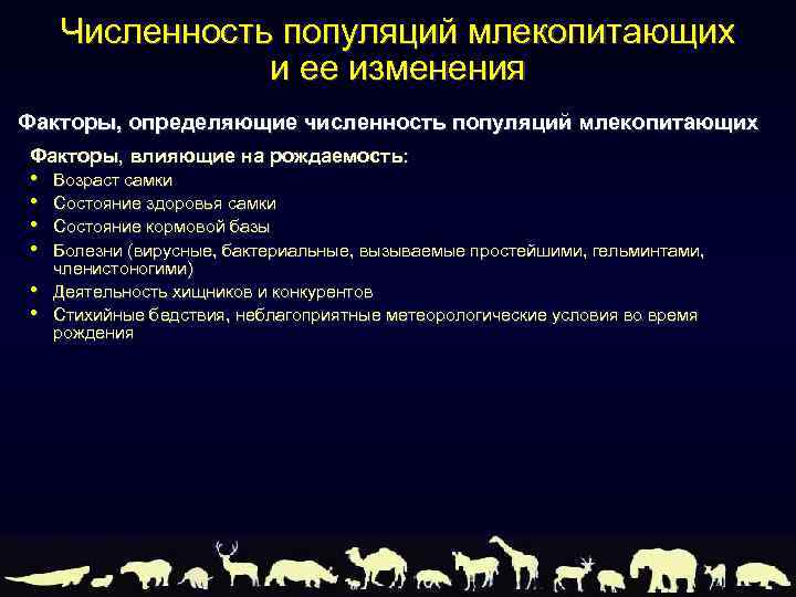 Численность популяций млекопитающих и ее изменения Факторы, определяющие численность популяций млекопитающих Факторы, влияющие на