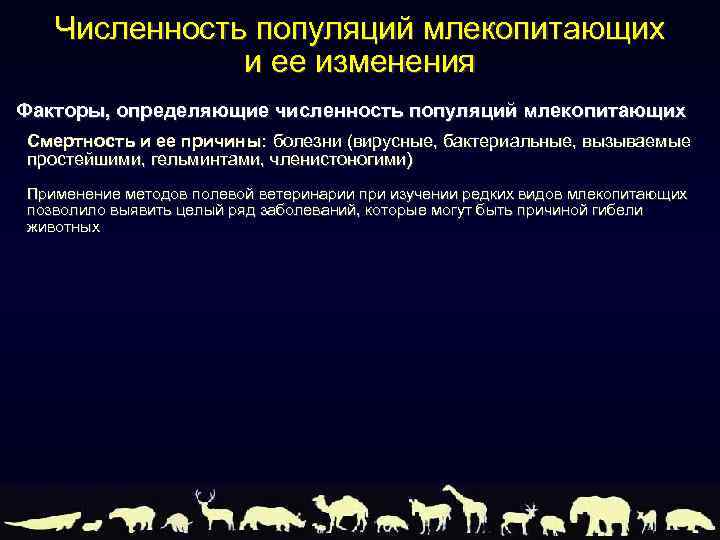 Численность популяций млекопитающих и ее изменения Факторы, определяющие численность популяций млекопитающих Смертность и ее