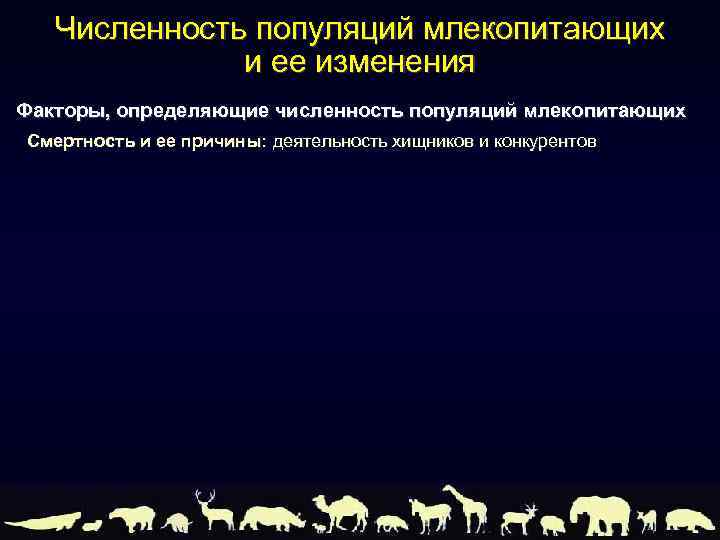 Численность популяций млекопитающих и ее изменения Факторы, определяющие численность популяций млекопитающих Смертность и ее