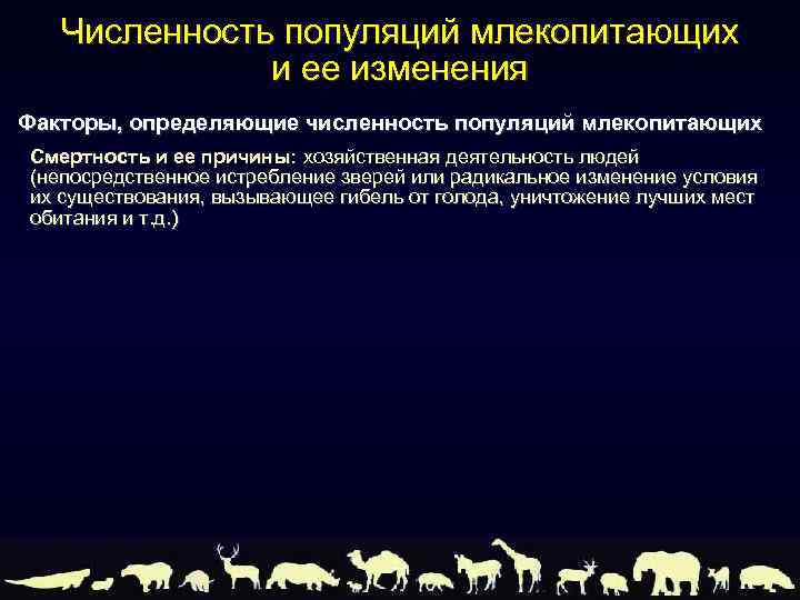 Численность популяций млекопитающих и ее изменения Факторы, определяющие численность популяций млекопитающих Смертность и ее