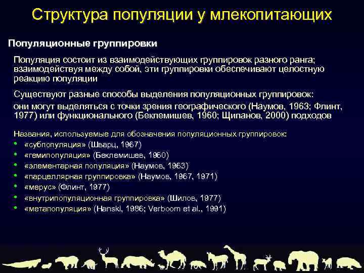 Структура популяции у млекопитающих Популяционные группировки Популяция состоит из взаимодействующих группировок разного ранга; взаимодействуя