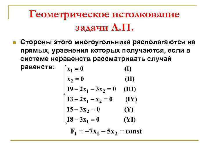 Геометрическое истолкование задачи Л. П. n Стороны этого многоугольника располагаются на прямых, уравнения которых