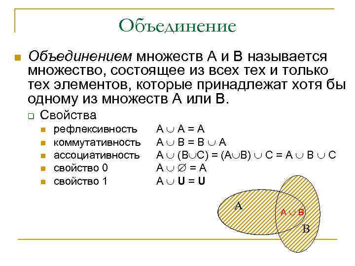 Объединение n Объединением множеств А и В называется множество, состоящее из всех тех и