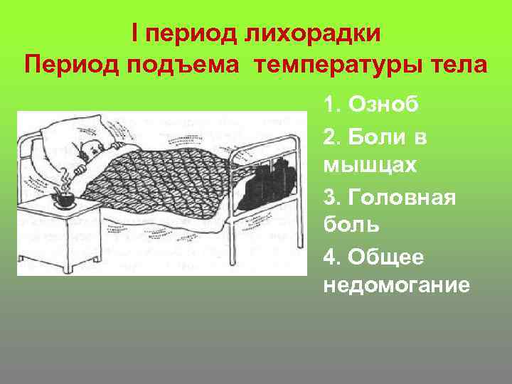 I период лихорадки Период подъема температуры тела 1. Озноб 2. Боли в мышцах 3.