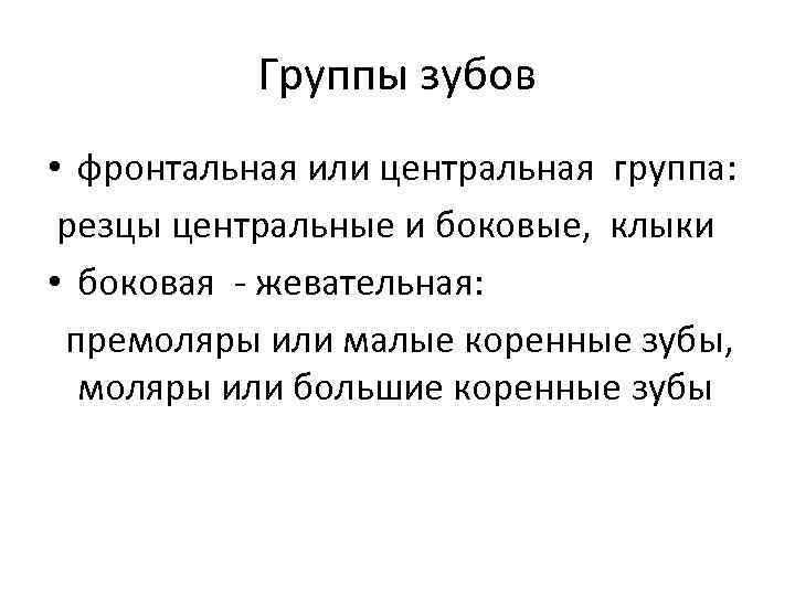 Группы зубов • фронтальная или центральная группа: резцы центральные и боковые, клыки • боковая