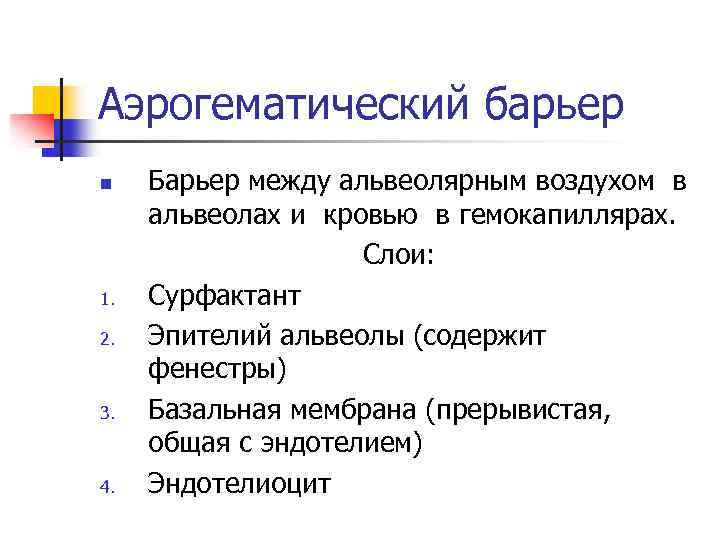 Аэрогематический барьер n 1. 2. 3. 4. Барьер между альвеолярным воздухом в альвеолах и