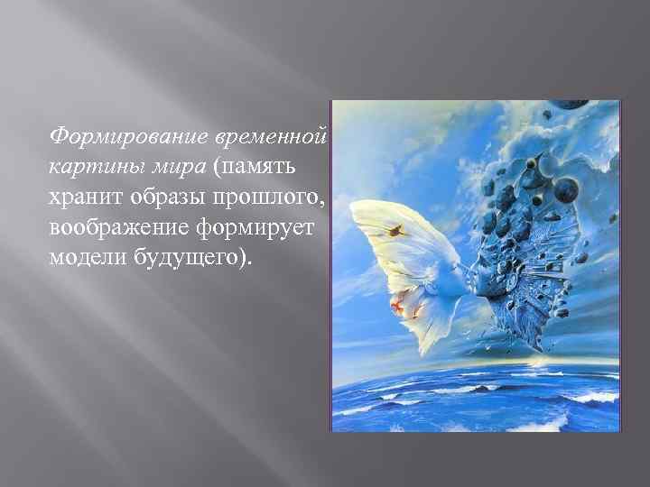 Формирование временной картины мира (память хранит образы прошлого, воображение формирует модели будущего). 