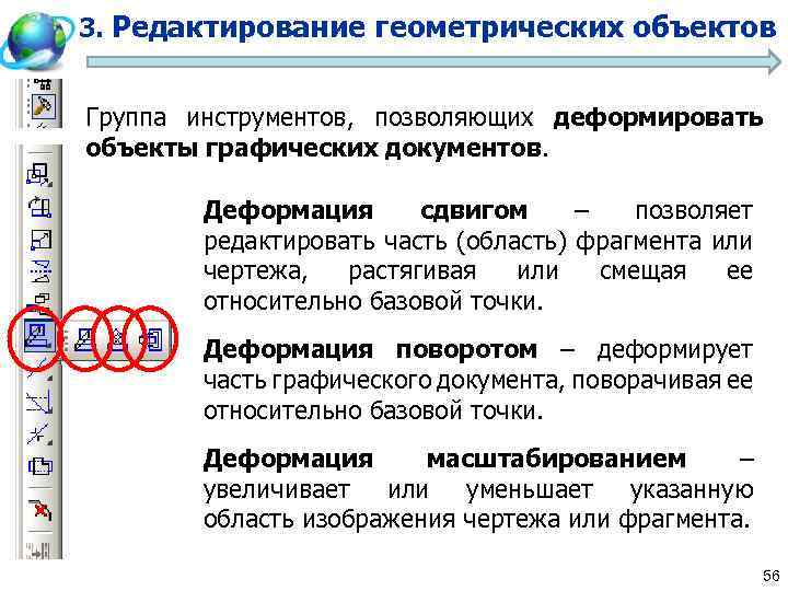 3. Редактирование геометрических объектов Группа инструментов, позволяющих деформировать объекты графических документов. Деформация сдвигом –