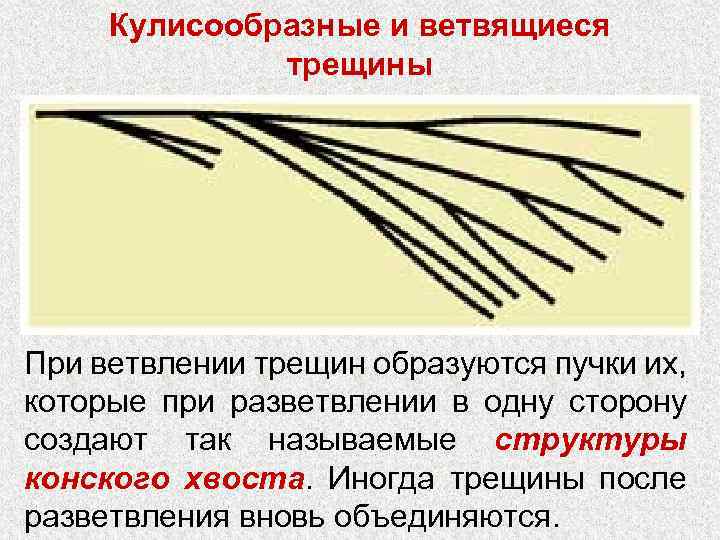 Кулисообразные и ветвящиеся трещины При ветвлении трещин образуются пучки их, которые при разветвлении в