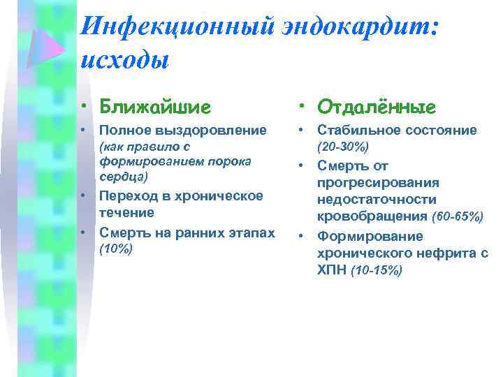 Инфекционный эндокардит: исходы • Ближайшие • Отдалённые • Полное выздоровление • Стабильное состояние (как