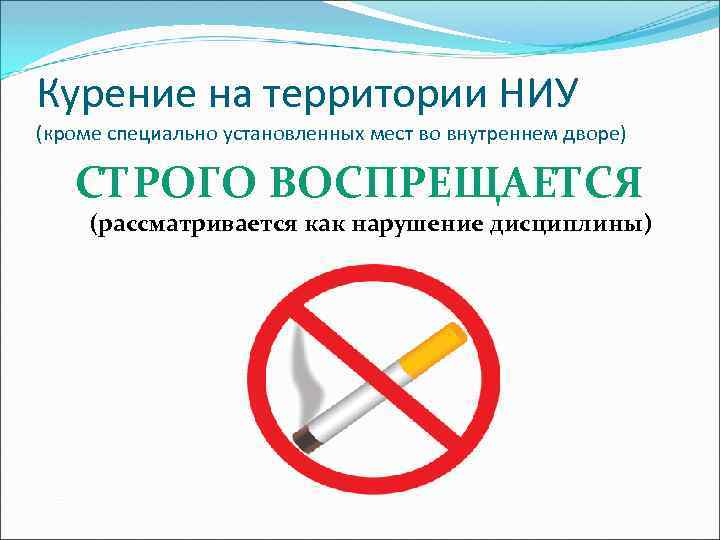 Курение на территории НИУ (кроме специально установленных мест во внутреннем дворе) СТРОГО ВОСПРЕЩАЕТСЯ (рассматривается