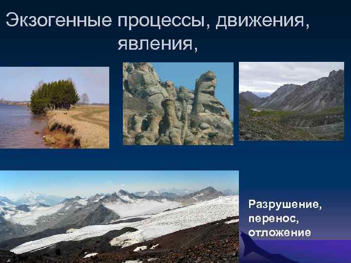 Экзогенные процессы, движения, явления, Разрушение, перенос, отложение 