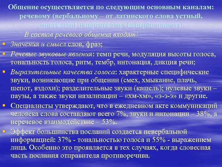 Общение осуществляется по следующим основным каналам: речевому (вербальному – от латинского слова устный, словесный)