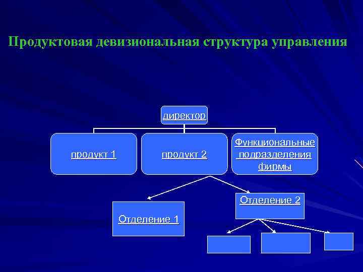 Продуктовая девизиональная структура управления директор продукт 1 продукт 2 Функциональные подразделения фирмы Отделение 2