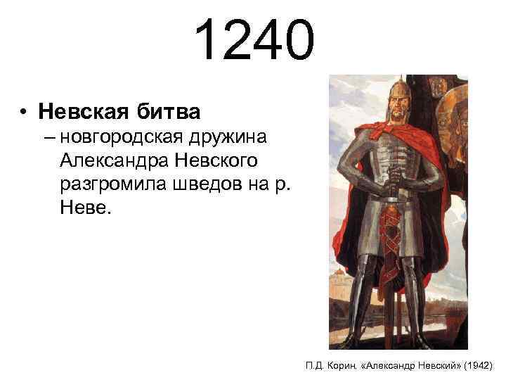 1240 • Невская битва – новгородская дружина Александра Невского разгромила шведов на р. Неве.