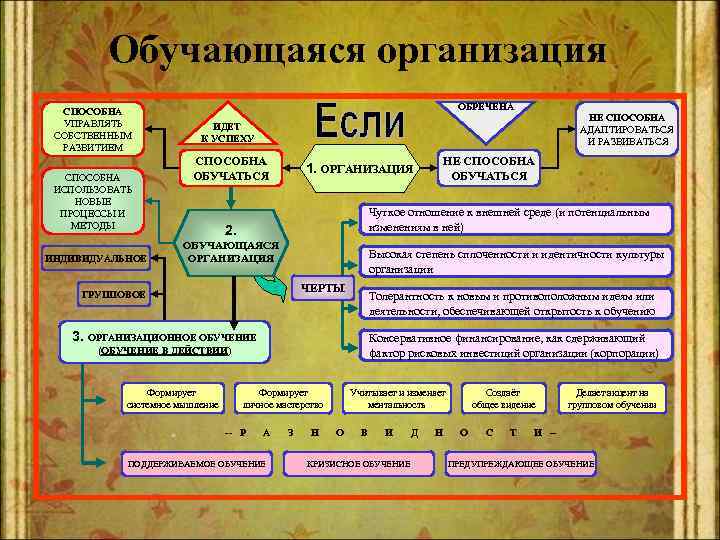Обучающаяся организация СПОСОБНА УПРАВЛЯТЬ СОБСТВЕННЫМ РАЗВИТИЕМ СПОСОБНА ИСПОЛЬЗОВАТЬ НОВЫЕ ПРОЦЕССЫ И МЕТОДЫ ИНДИВИДУАЛЬНОЕ ОБРЕЧЕНА
