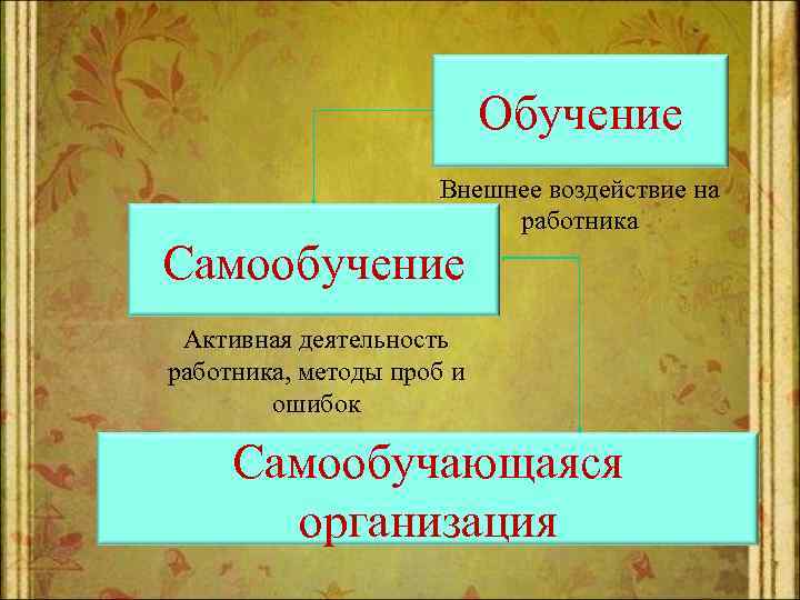 Обучение Внешнее воздействие на работника Самообучение Активная деятельность работника, методы проб и ошибок Самообучающаяся