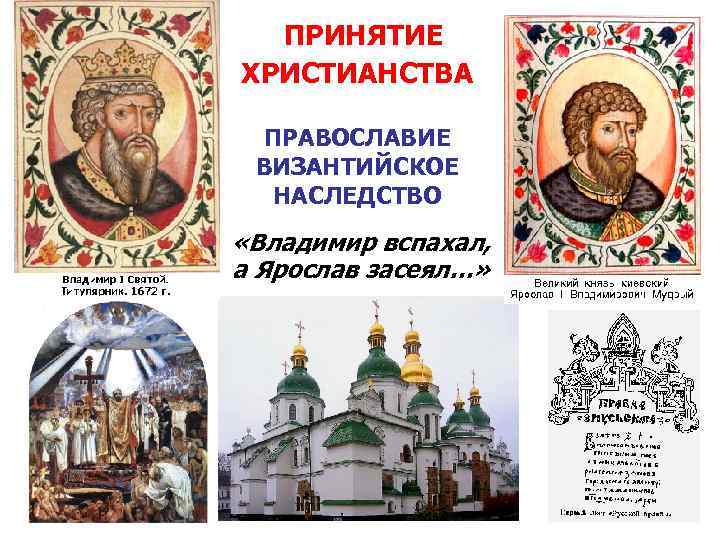 ПРИНЯТИЕ ХРИСТИАНСТВА ПРАВОСЛАВИЕ ВИЗАНТИЙСКОЕ НАСЛЕДСТВО «Владимир вспахал, а Ярослав засеял…» 