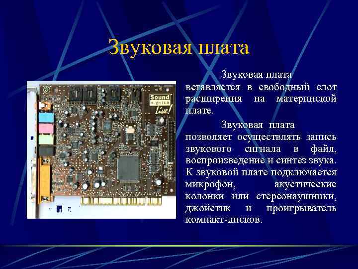 Звуковая плата вставляется в свободный слот расширения на материнской плате. Звуковая плата позволяет осуществлять