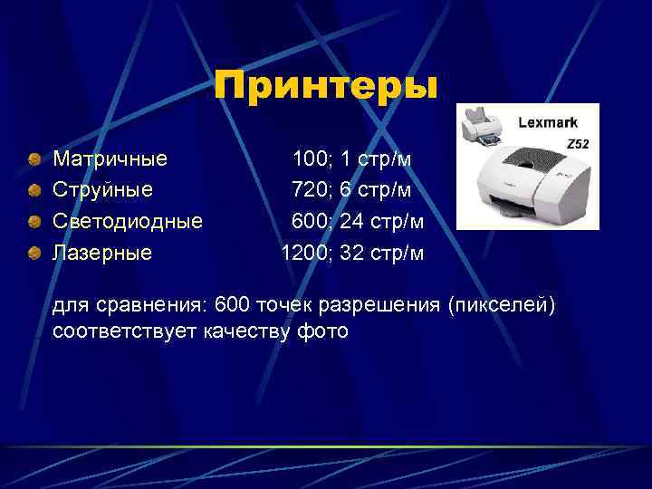 Принтеры Матричные Струйные Светодиодные Лазерные 100; 1 стр/м 720; 6 стр/м 600; 24 стр/м